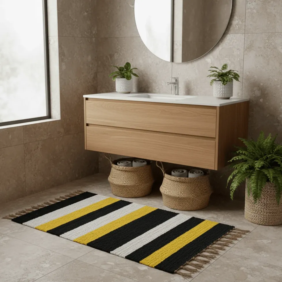 Tapis Artisanal rayé - Noir. jaune. beige
