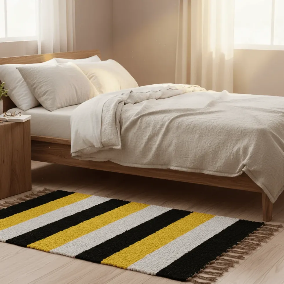 Tapis Artisanal rayé - Noir. jaune. beige