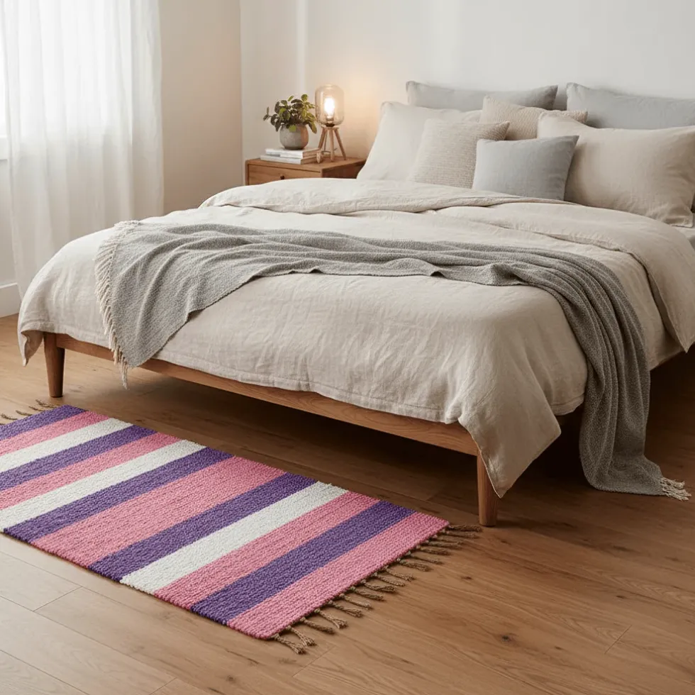 Tapis Artisanal rayé - Rose. violet. beige