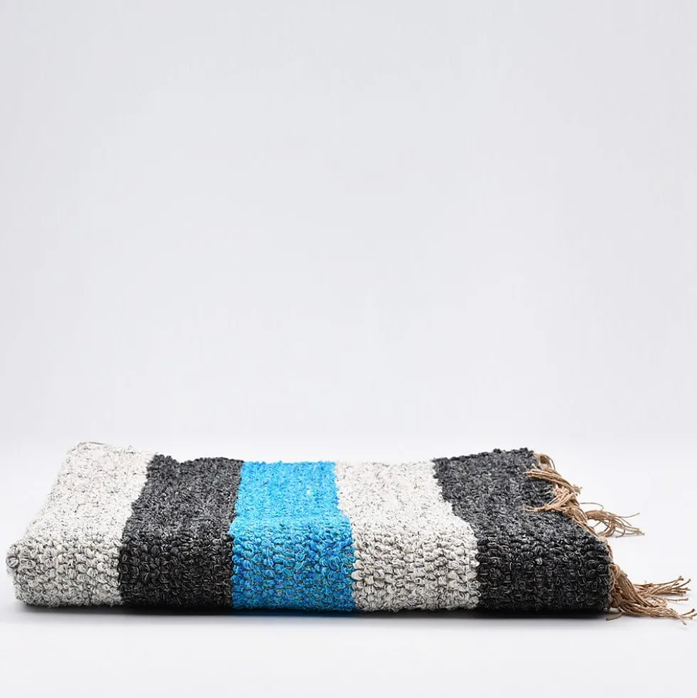 Tapis Artisanal rayé -Turquoise . gris. gris foncé