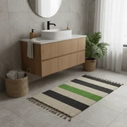 Tapis Artisanal rayé - Vert. gris. beige
