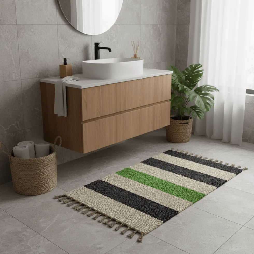Tapis Artisanal rayé - Vert. gris. beige