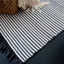 Tapis coton rayé bleu et blanc