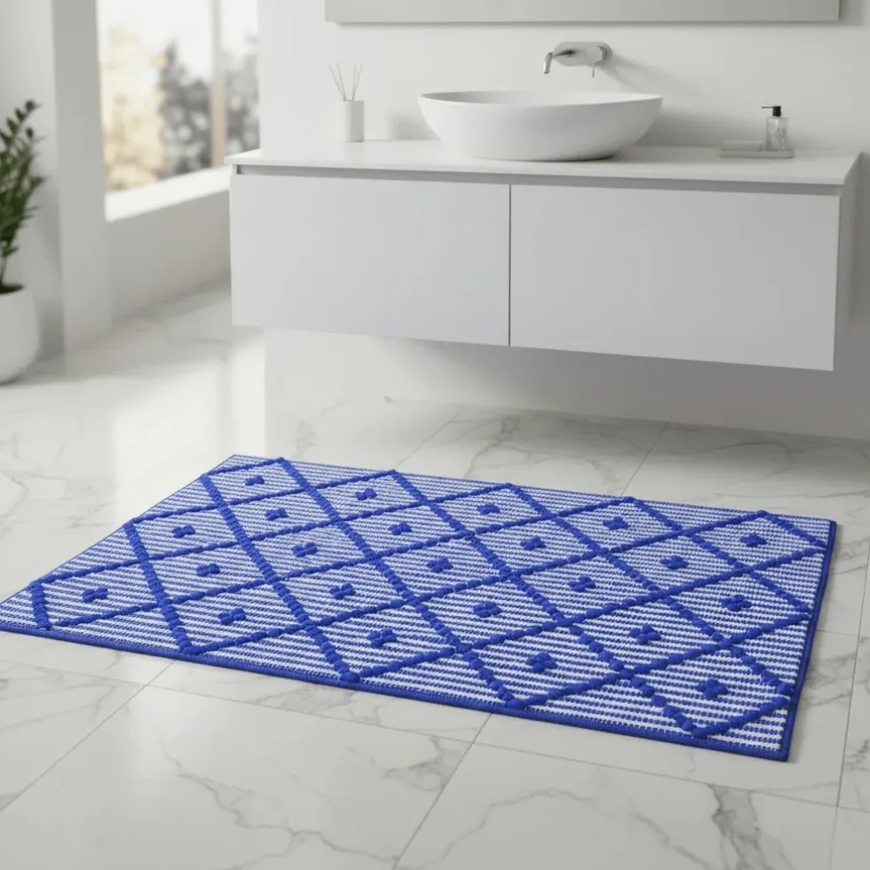 Tapis de salle de bain 100x50 - Bleu & Blanc